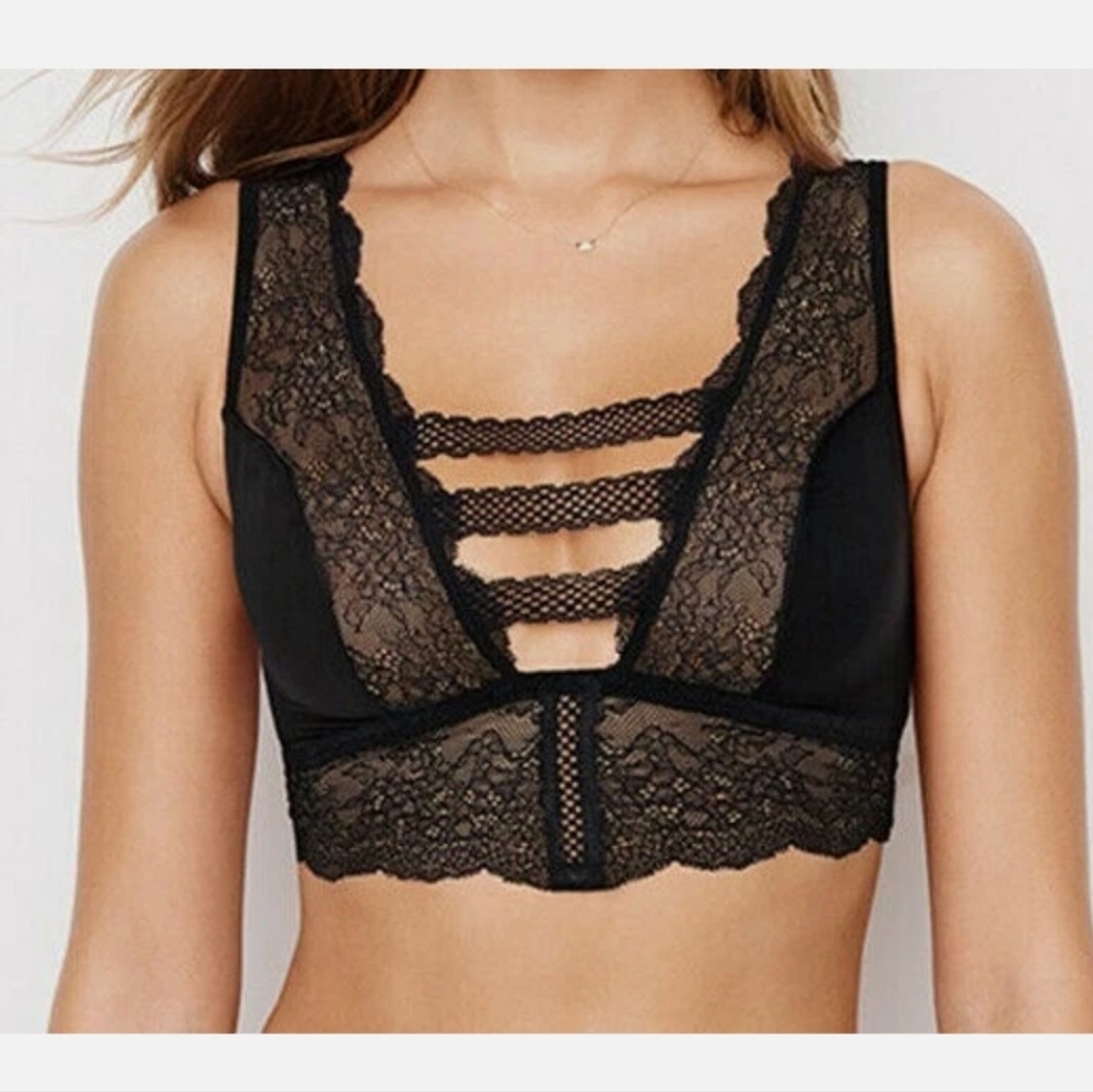 New Victoria's Secret Chantilly Black Lace Plunge Strappy Bralette